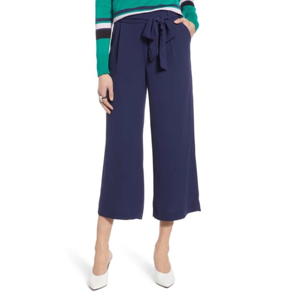 Nordstrom Wide Leg Crop Pant Blue Size Large Halogen Flowy Crepe Tie Waist L NEW